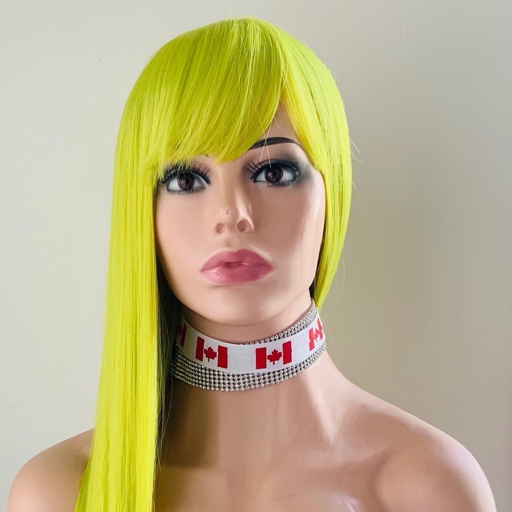 🌹30” Long Straight Green Lemon Premium Fiber Wig with Bangs for Daily Wear/Event - Picture 6 of 11